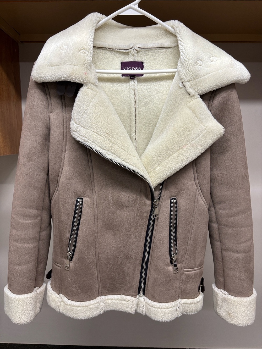 Vigoss Taupe Shearling / Aviator Jacket with Cream Sherpa Trim